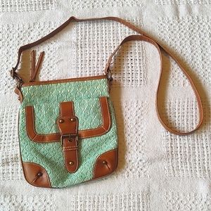 Lace/ Crochet Style Crossbody Manmade Leather Blue Purse Boho Beach Buckle
